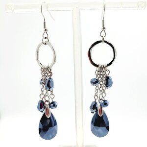 Silver Tone Black Chinese Crystal Drop Dangle Earrings Beautiful 3.5"